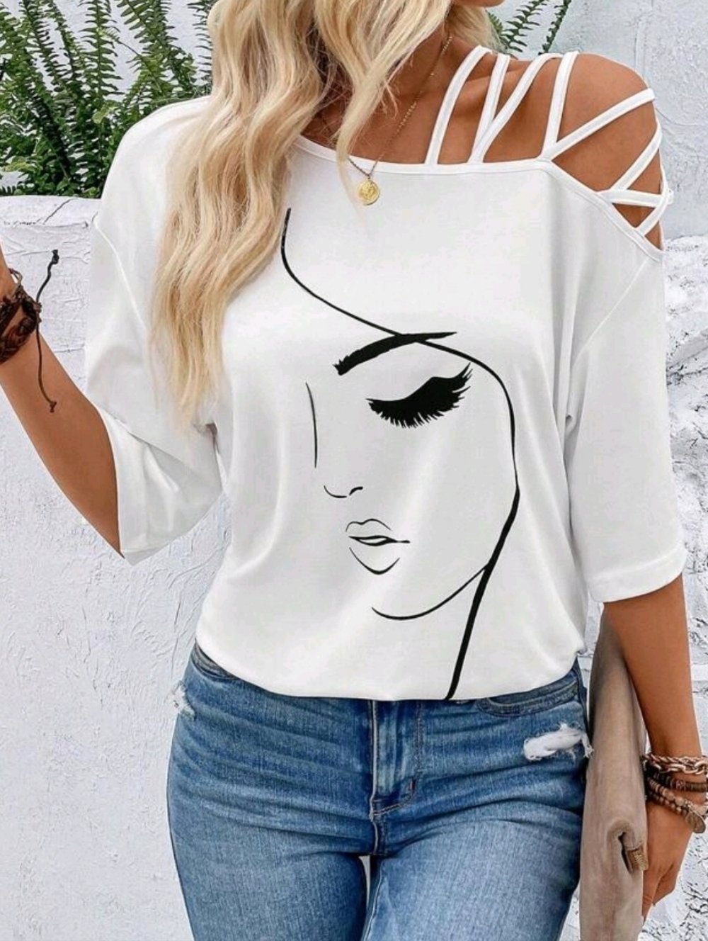 White Strappy Shoulder Graphic Women's Top